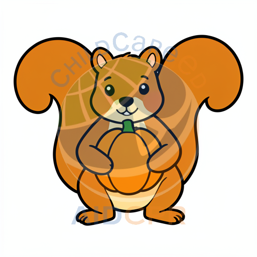 Cute squirrel holding orange pumpkin