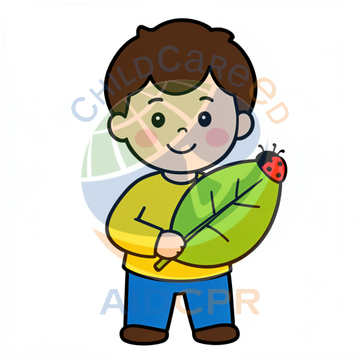 Boy holding leaf with ladybug