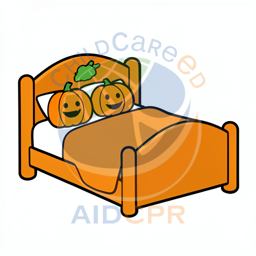 Two smiling pumpkins sleeping in a bed
