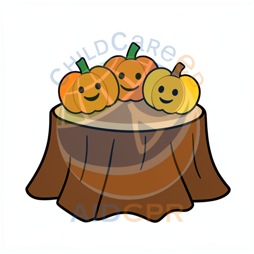 Three smiling pumpkins on a tree stump