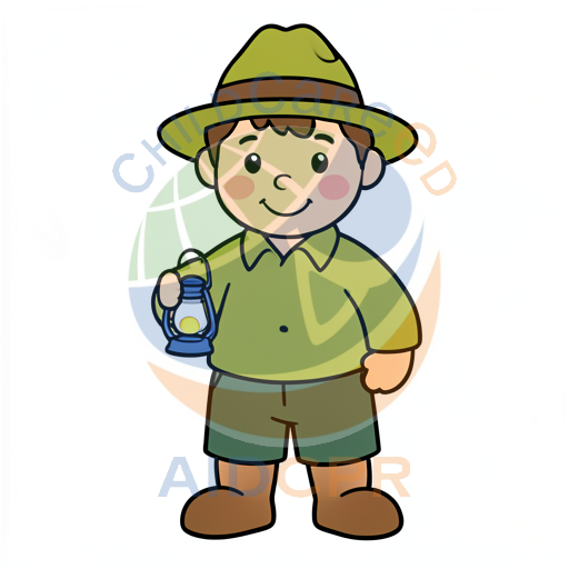 Happy boy explorer holding lantern