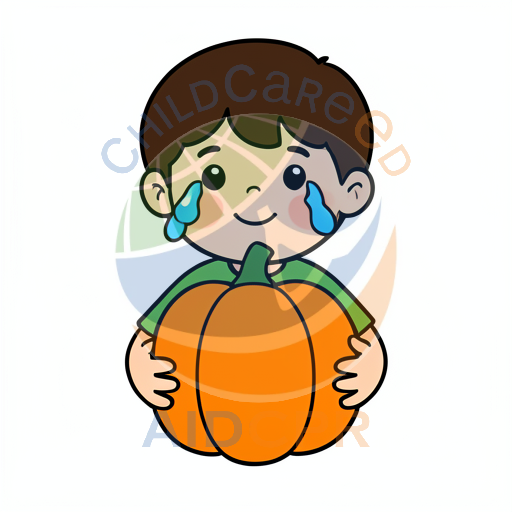 Boy crying while holding pumpkin
