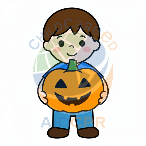 Child smiling while carrying jack-o'-lantern