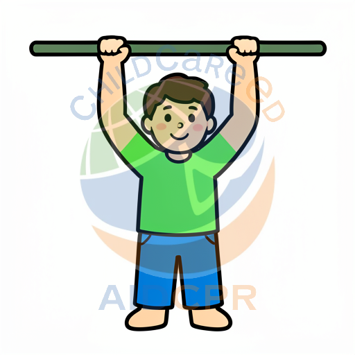 Child doing pull-ups on a green bar