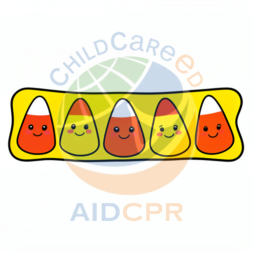 Five smiling candy corns in a row