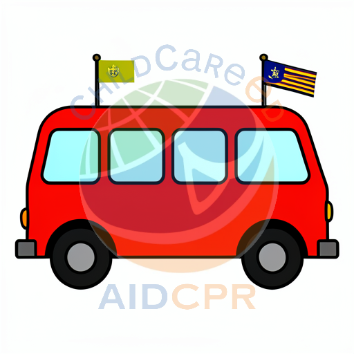 Red bus with two flags on roof