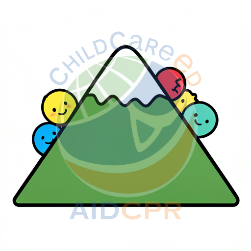Three smiling faces peeking from behind a mountain