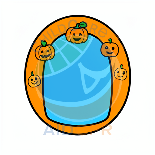Five cheerful pumpkins frame blue oval