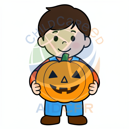 Child smiling while carrying jack-o'-lantern