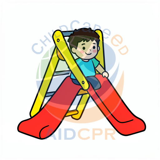 Child sliding down red playground slide