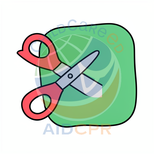 Red scissors cutting green paper