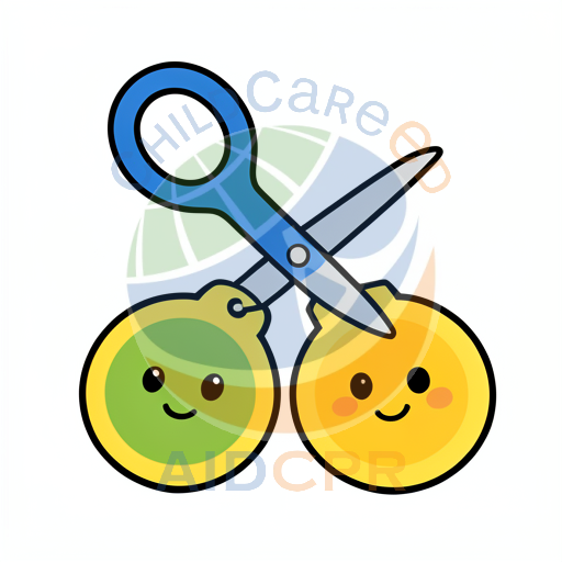 Scissors cutting two smiling fruit slices