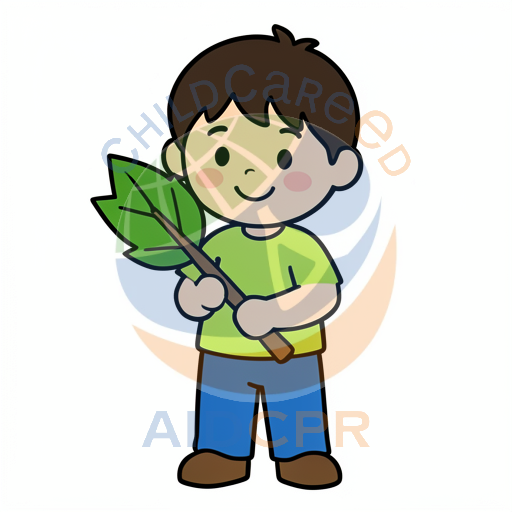 Child smiling while carrying leaf branch