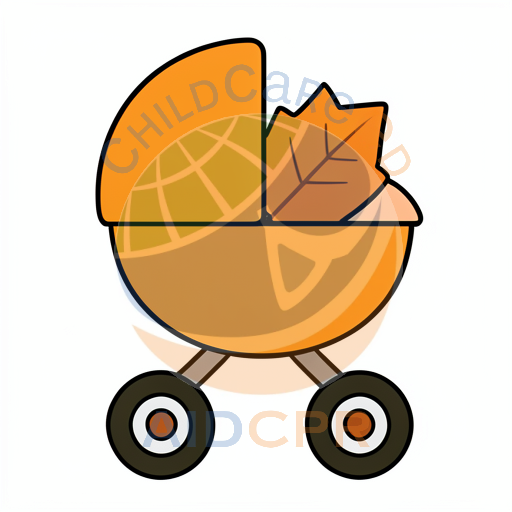Orange stroller with autumn leaf inside