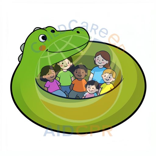 Children smiling inside green dinosaur float