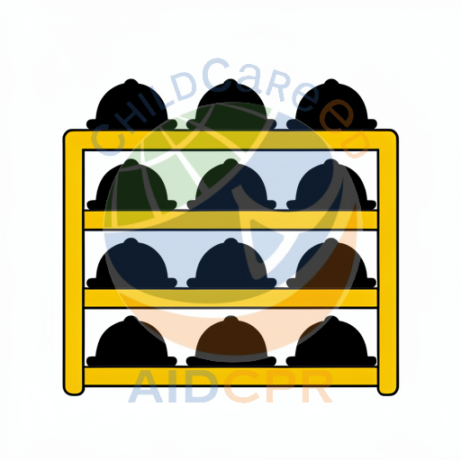 Yellow shelf holding black round objects