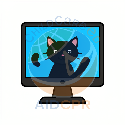 Black cat waving from computer screen - ChildCareEd