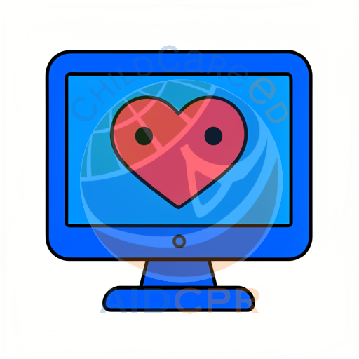 Blue computer screen showing red heart