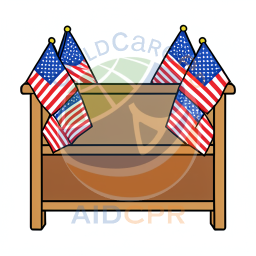 Four US flags displayed on a bench