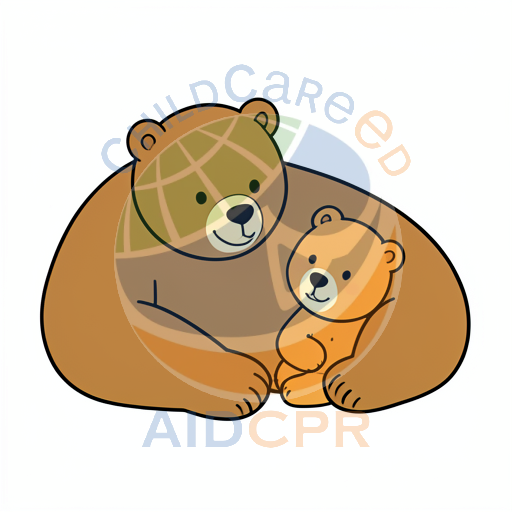Big brown bear cuddling small bear cub