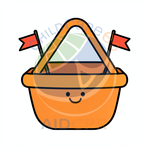 Orange basket with smiling face holding triangle