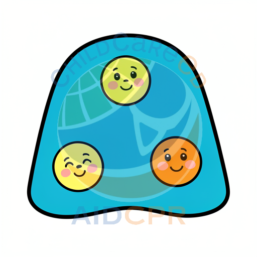 Three smiling faces inside a blue shape