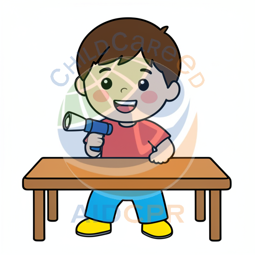 Happy boy holding flashlight at table