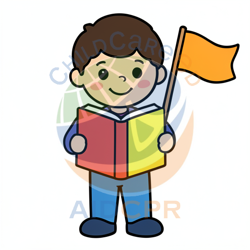 Boy reading book while holding orange flag