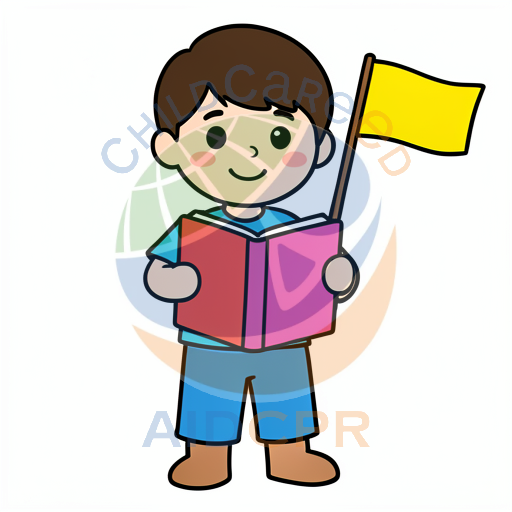 Boy reading book while holding yellow flag