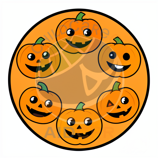 Five smiling pumpkins arranged in a circle