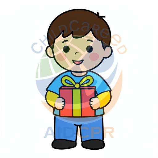 Boy smiling while presenting wrapped present