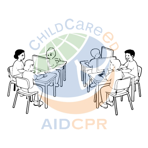 Children using computers in a classroom setting coloring page