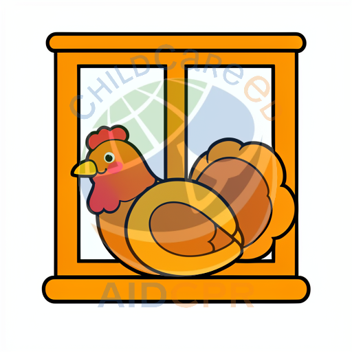 Orange chicken pecking through window