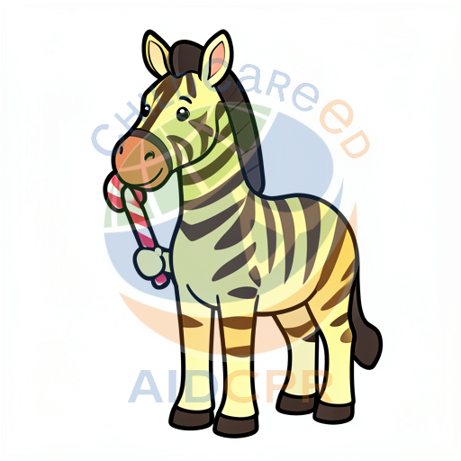Zebra holding candy cane with striped pattern