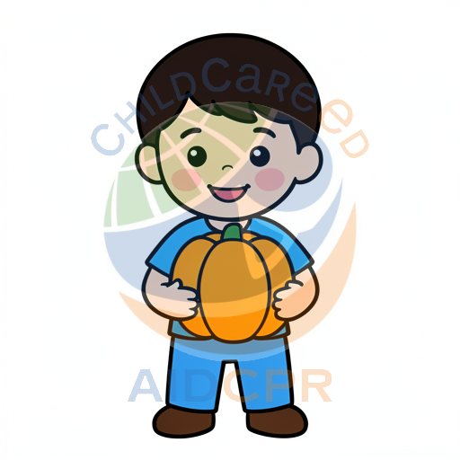 Child smiling while carrying pumpkin