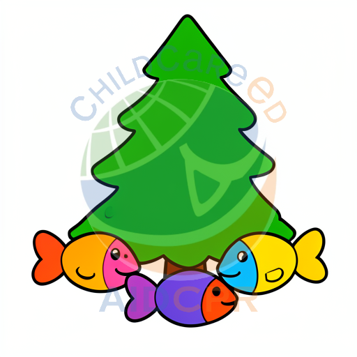 Three smiling fish under a green tree