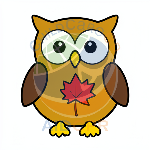 Cute owl holding red maple leaf