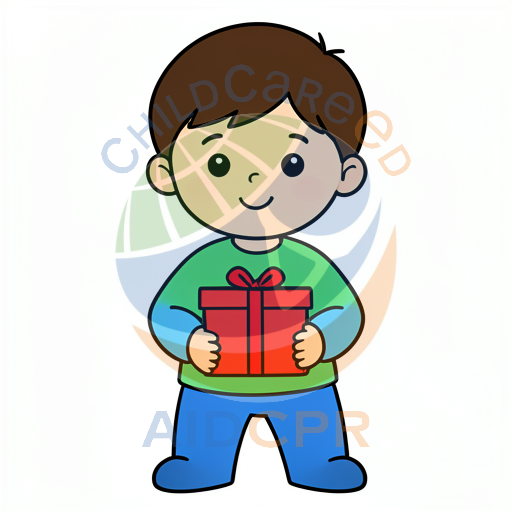 Boy smiling while presenting wrapped present