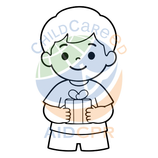 Child smiling while presenting wrapped present coloring page