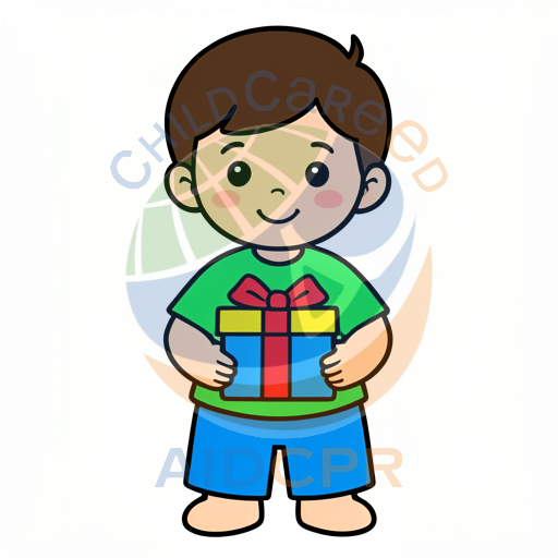 Happy child presenting wrapped present