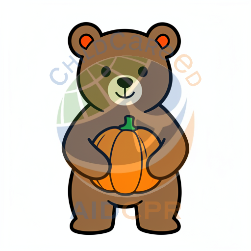Brown bear holding orange pumpkin