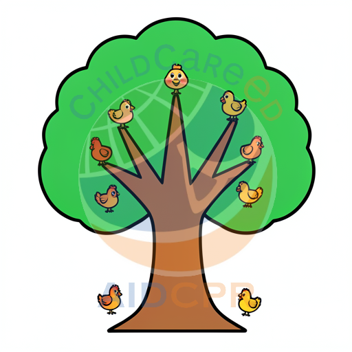 Yellow chicks sitting on tree branches