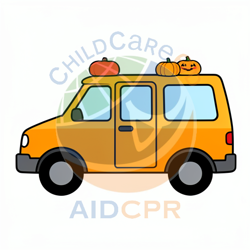 Orange van with three pumpkins on roof