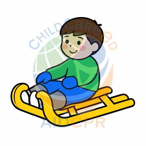 Boy smiling while sledding on yellow sled