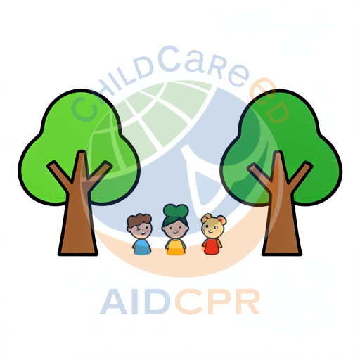 Three children standing between two trees