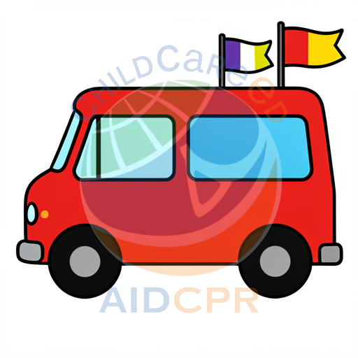 Red van with two flags on roof