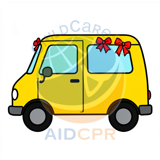 Yellow van decorated with red bows