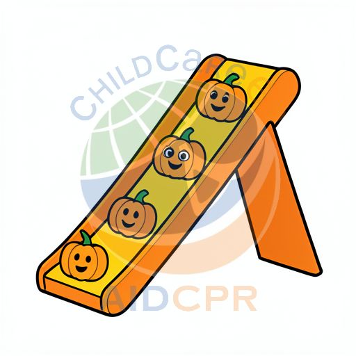 Three smiling pumpkins sliding down a slide