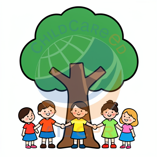 Five children holding hands under a tree