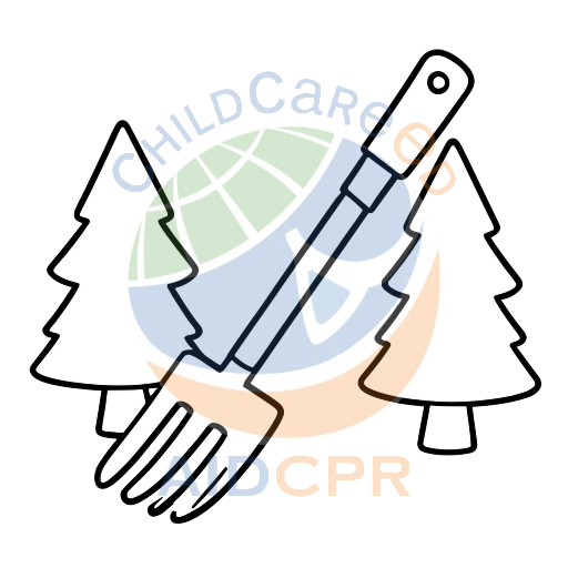Blue garden fork between two pine trees coloring page